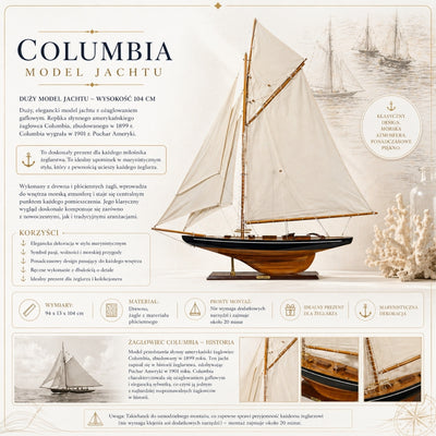 Model jachtu Columbia z ożaglowaniem gaflowym, wysokość 104 cm, drewniany, z możliwością personalizacji grawerem