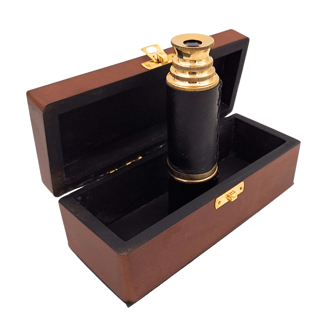Brass and Leather Telescope with Engraving in Wooden Box