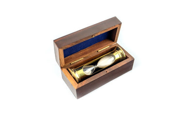 Clepsidră cu nisip ROUND STP99 în cutie din lemn, cu posibilitate de personalizare prin gravură, din alamă, aurie, 3 minute, cadou ideal pentru pasionații de RPG și deținătorii de recorduri Guinness
