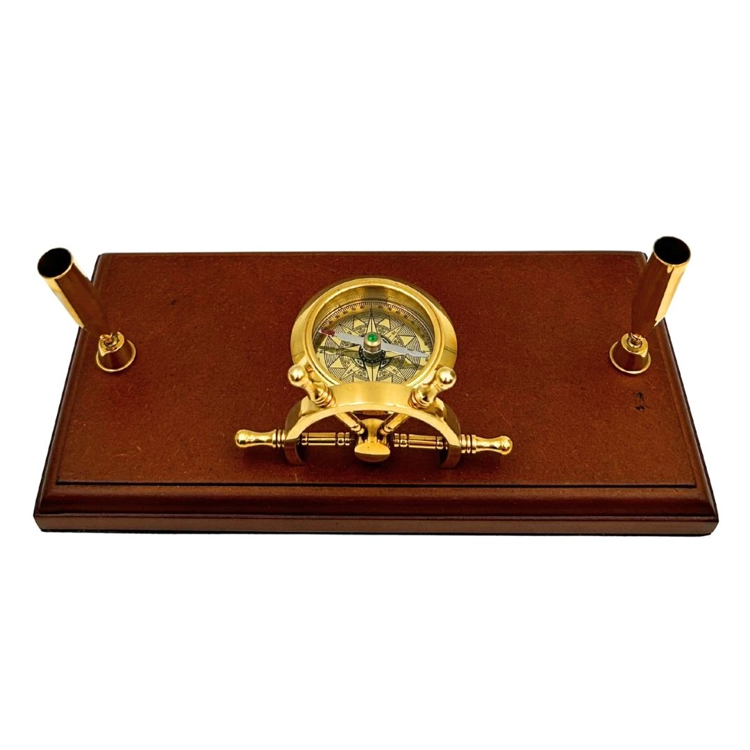Nautical Desk Set with Engraving – Ship's Wheel, Compass, Pen Holders Made of Polished Wood and Brass
