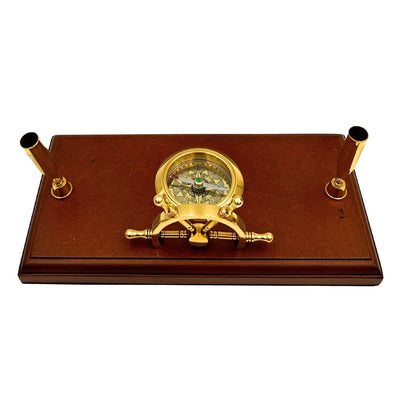 Nautical Desk Set with Engraving – Ship's Wheel, Compass, Pen Holders Made of Polished Wood and Brass