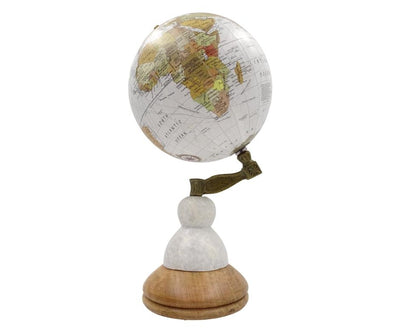 Globus Dekoracyjny Voyager na Marmurowo-Drewnianej Podstawie z Opcją Personalizacji Graweru – Elegancki Prezent dla Miłośników Podróży, Wysokość 32 cm, Średnica 15,5 cm, Biała Mapa z Kolorowymi Kontynentami