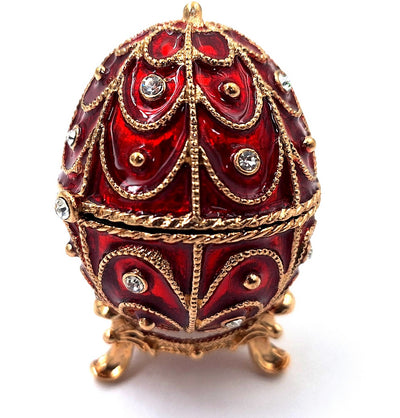 Exclusive metal Fabergé jewelry box with crystals in red and gold, customizable engraving, perfect as a gift, dimensions 5.5x6.5 cm