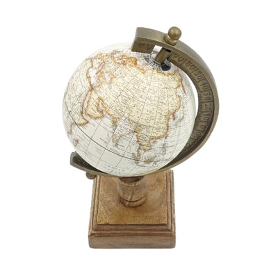 Stylowy Globus Dekoracyjny Amundsen na Drewnianej Podstawie z Grawerem - Elegancka Ozdoba do Wnętrz Klasycznych, Loftowych i Kolonialnych, Idealny na Prezent - Wysokość 26,5 cm, Kolor Biało-Brązowy, Edukacyjny Akcent w Języku Angielskim