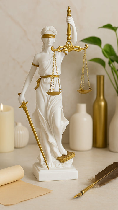 Figurka Temidy z możliwością personalizacji grawerem - elegancki prezent dla prawnika, sędziego lub studenta prawa, biała z złotymi akcentami, wysokość 35 cm, ręcznie malowana z polyresinu