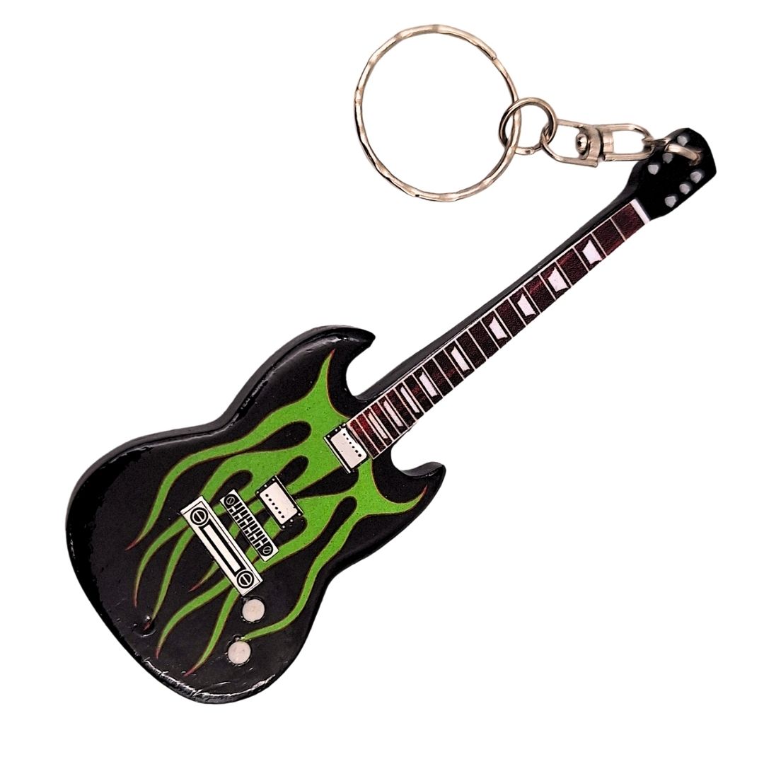Drewniany Brelok Gitara Metallica Grynch z Możliwością Personalizacji Grawerem - Idealny Prezent dla Fanów Jamesa Hetfielda, Wykonany z Mahoniu, Kolory: Czarny, Zielony, Brązowy, Wymiary 6 x 10 x 0,5 cm