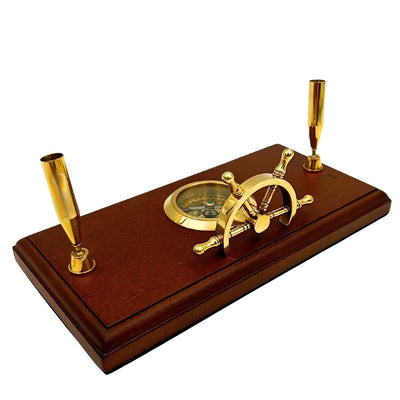 Nautical Desk Set with Engraving – Ship's Wheel, Compass, Pen Holders Made of Polished Wood and Brass