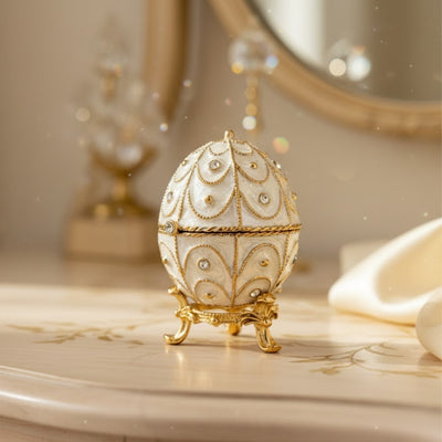 Exclusive Fabergé Egg Metal Jewelry Box with Crystals in White and Gold with Engraving Personalization Option