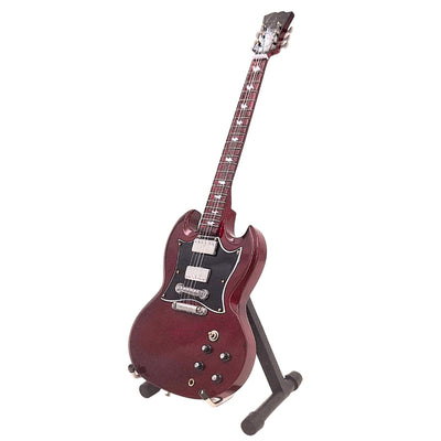 Mini gitara AC/DC Angus Young MGT-0567 z możliwością personalizacji grawerem, idealna na prezent, ręcznie wykonana z drewna mahoniowego, brązowa, wysokość 27,5 cm