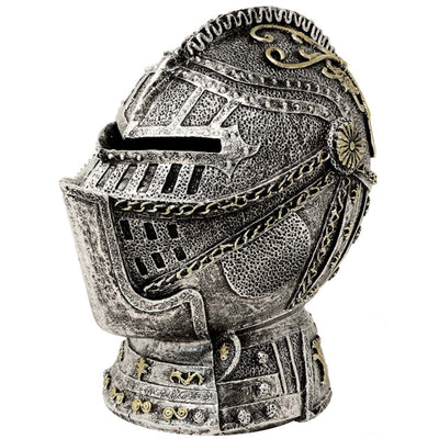 Decorative Knight's Helmet Money Box with Engraving – Antique Silver, 13 cm