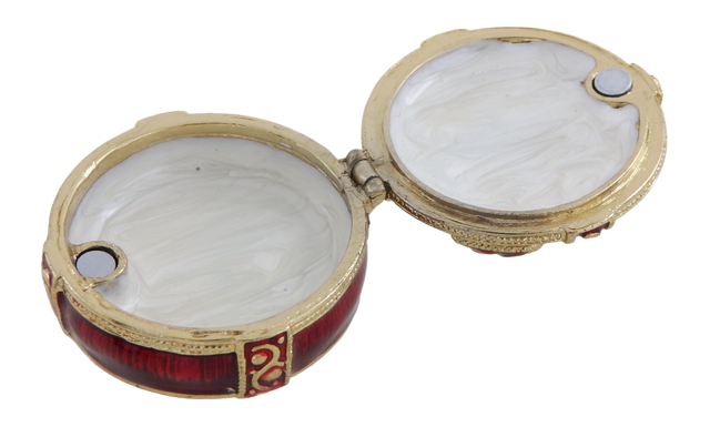 Exclusive metal gift box with crystals B0118-08 in red and gold, customizable engraving, perfect for jewelry and an elegant gift for any woman, dimensions 4x4x1 cm, glamour style