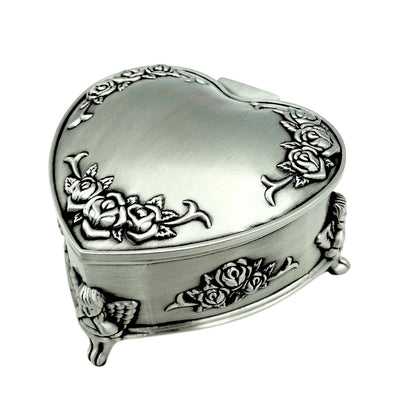 Heart-Shaped Metal Jewelry Box with Personalized Engraving Option – Elegant Gift for Valentine's Day, Anniversary, or Birthday, Decorated with Rose Motif, Dimensions 8.7 x 8.4 x 5.1 cm
