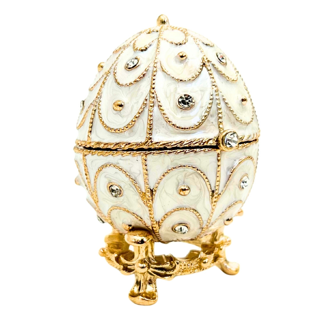 Exclusive Fabergé Egg Metal Jewelry Box with Crystals in White and Gold with Engraving Personalization Option