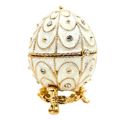 Exclusive Fabergé Egg Metal Jewelry Box with Crystals in White and Gold with Engraving Personalization Option