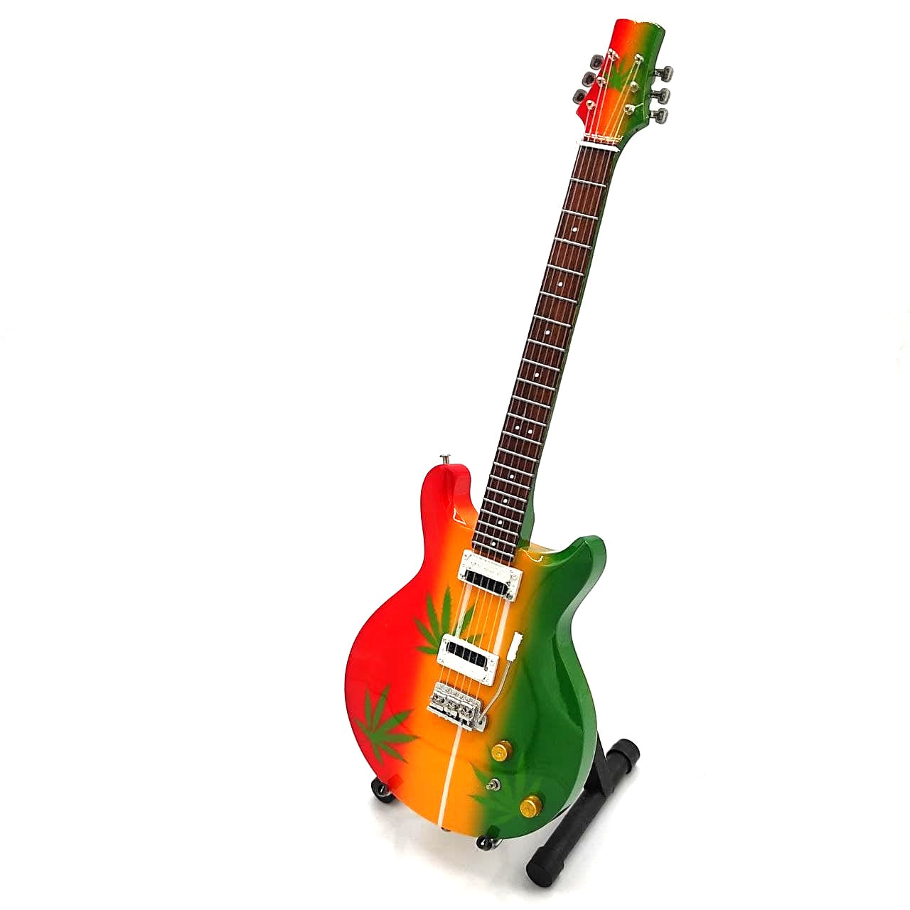 Mini gitara Bob Marley Tribute Ganja MGT-0468 z możliwością personalizacji grawerem, idealny prezent dla fanów reggae, ręcznie wykonana z mahoniowego drewna, wysokość 27,5 cm, kolor żółty, czerwony, zielony, biały