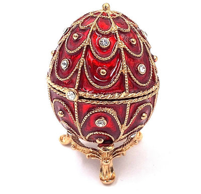 Exclusive metal Fabergé jewelry box with crystals in red and gold, customizable engraving, perfect as a gift, dimensions 5.5x6.5 cm