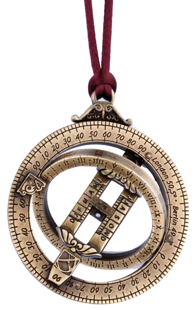 Miniaturowy zegar słoneczny H90 z pierścieniami astronomicznymi, personalizowany grawer, idealny prezent, bordowe zawiesie, wykonanie ze znalu i mosiądzu, średnica 45mm