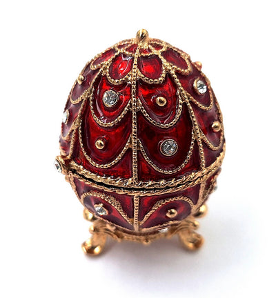 Exclusive metal Fabergé jewelry box with crystals in red and gold, customizable engraving, perfect as a gift, dimensions 5.5x6.5 cm