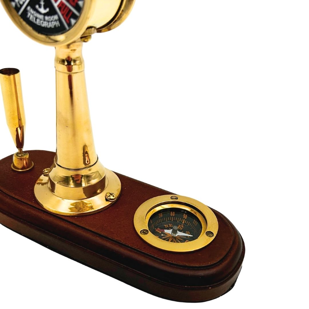 Elegant Desk Set with Engraving – Telegraph Machine, Compass, and Pen Holder on Wooden Base – Ideal Gift for Sailors, Managers, or Retro Style Lovers – High-Quality Brass and Wood, Dimensions 16.5 x 6 x 16.8 cm