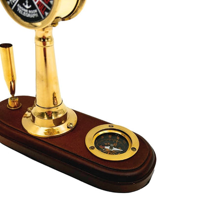 Elegant Desk Set with Engraving – Telegraph Machine, Compass, and Pen Holder on Wooden Base – Ideal Gift for Sailors, Managers, or Retro Style Lovers – High-Quality Brass and Wood, Dimensions 16.5 x 6 x 16.8 cm
