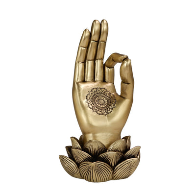 Złota Figurka Dłoń Buddy Mudra OM z Grawerem - Elegancka Dekoracja na Prezent - Kwiat Lotosu, 21cm, Polyresin, Styl Glamour