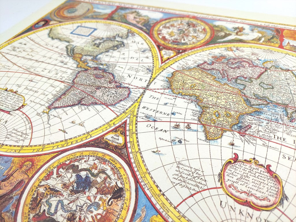 Retro World Map with Engraving - Personalized Gift Decoration - Reprint of John Speed from 1651 - Dimensions 52 x 39 cm - Colorful and Detailed Graphic
