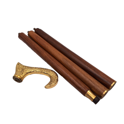 Drewniana Laska do Chodzenia ze Złotą Rączką - Składana - Elegancki Prezent z Możliwością Personalizacji Grawerem - 91,5 cm, Brązowa z Mosiężnym Uchwytem