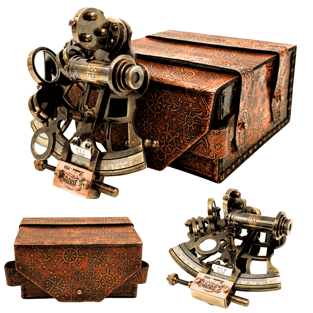 Sekstant Mosiężny Retro w Skórzanym Etui - Elegancki Instrument Nawigacyjny z Możliwością Grawerunku - Idealny Prezent dla Miłośników Żeglarstwa i Historii - Wymiary 13x12x7 cm