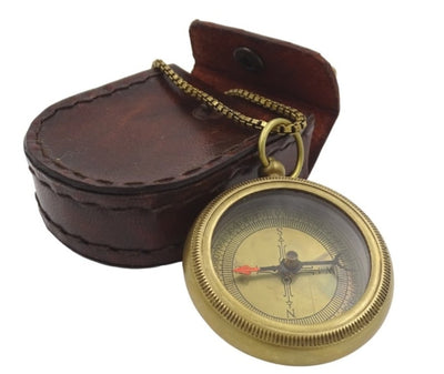 Stylish brass compass with chain in a leather case