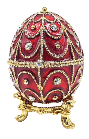 Exclusive metal Fabergé jewelry box with crystals in red and gold, customizable engraving, perfect as a gift, dimensions 5.5x6.5 cm
