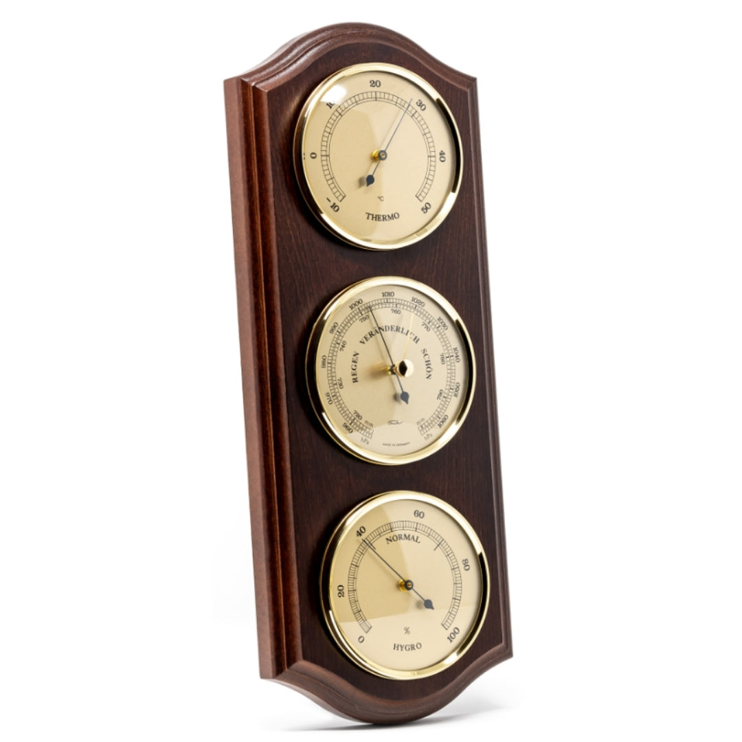 Stație meteo Fischer 9176-22 cu barometru, higrometru și termometru în ramă din alamă pe bază din mahon, cu opțiune de personalizare prin gravură