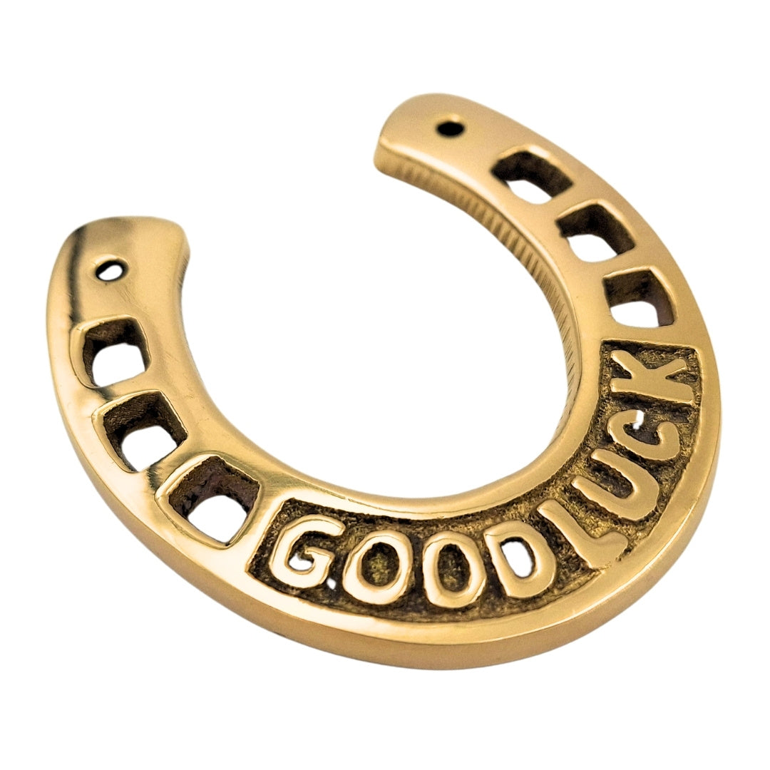 7 cm Brass Horseshoe of Luck with Engraving - Elegant Gift for New Home, Graduation, or New Job, Gold Ornament with "Good Luck" Inscription