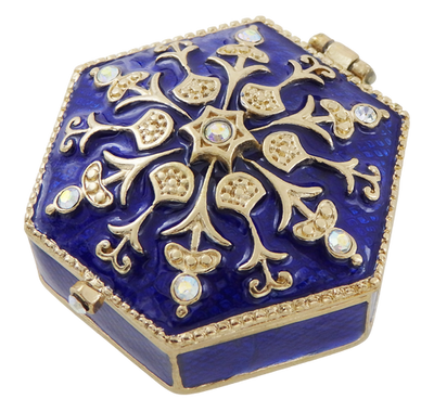 Elegant metal gift box with crystals B0035-08BL in navy blue and gold color scheme with customizable engraving