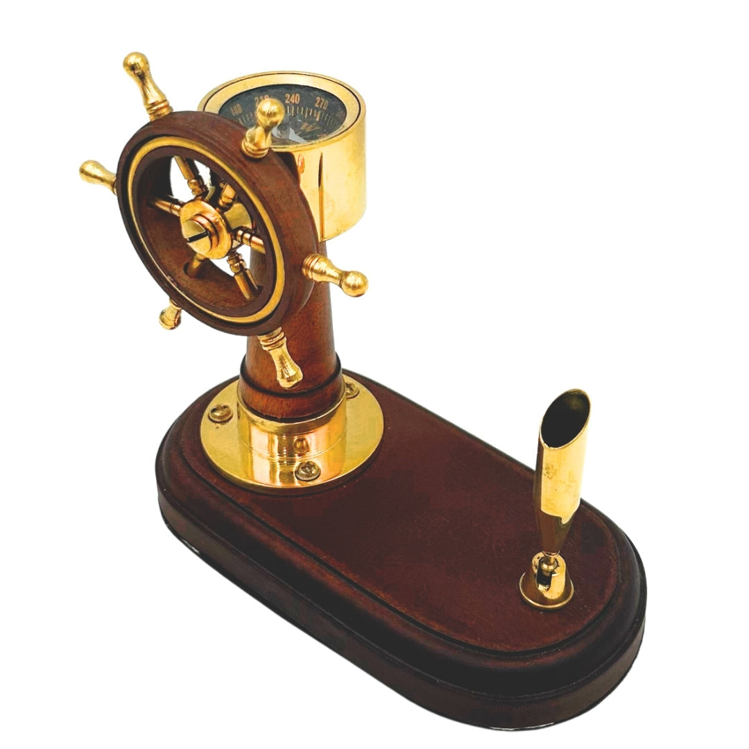 Elegant Desk Set with Ship's Wheel and Compass with Pen Holder – Wood and Brass – Personalized Engraving – Perfect Gift for a Sailor – Height 14.5 cm