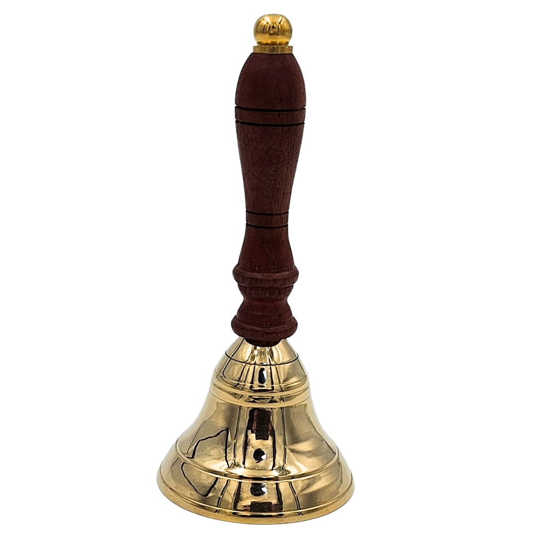 Brass Hand Bell with Wooden Handle in Retro Style – Personalized Engraving, Perfect Gift – Height 16 cm, Diameter 7.5 cm, Gold and Brown