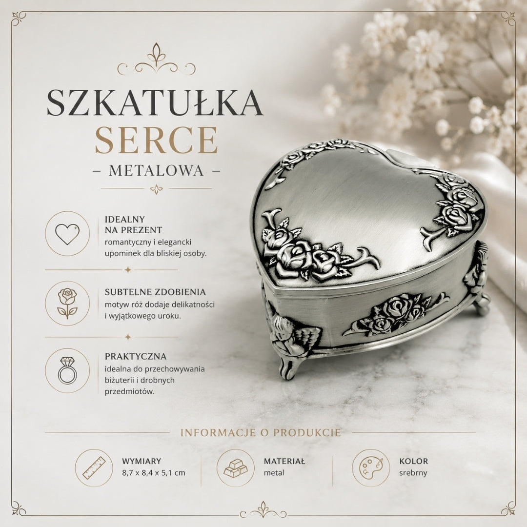 Heart-Shaped Metal Jewelry Box with Personalized Engraving Option – Elegant Gift for Valentine's Day, Anniversary, or Birthday, Decorated with Rose Motif, Dimensions 8.7 x 8.4 x 5.1 cm