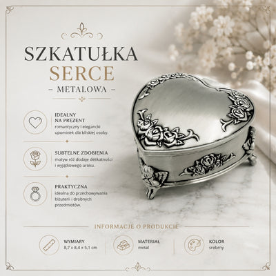 Heart-Shaped Metal Jewelry Box with Personalized Engraving Option – Elegant Gift for Valentine's Day, Anniversary, or Birthday, Decorated with Rose Motif, Dimensions 8.7 x 8.4 x 5.1 cm