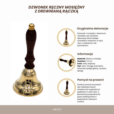 Clopoțel manual din alamă cu mâner din lemn, în stil retro – gravură personalizată, ideal pentru cadou – înălțime 16 cm, diametru 7,5 cm, auriu și maro