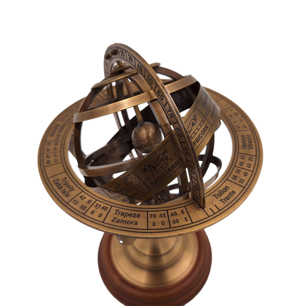 Astrolabium mosiężne 21 cm z drewnianą podstawą - Personalizowany prezent dla miłośników astronomii w kolorze złotym