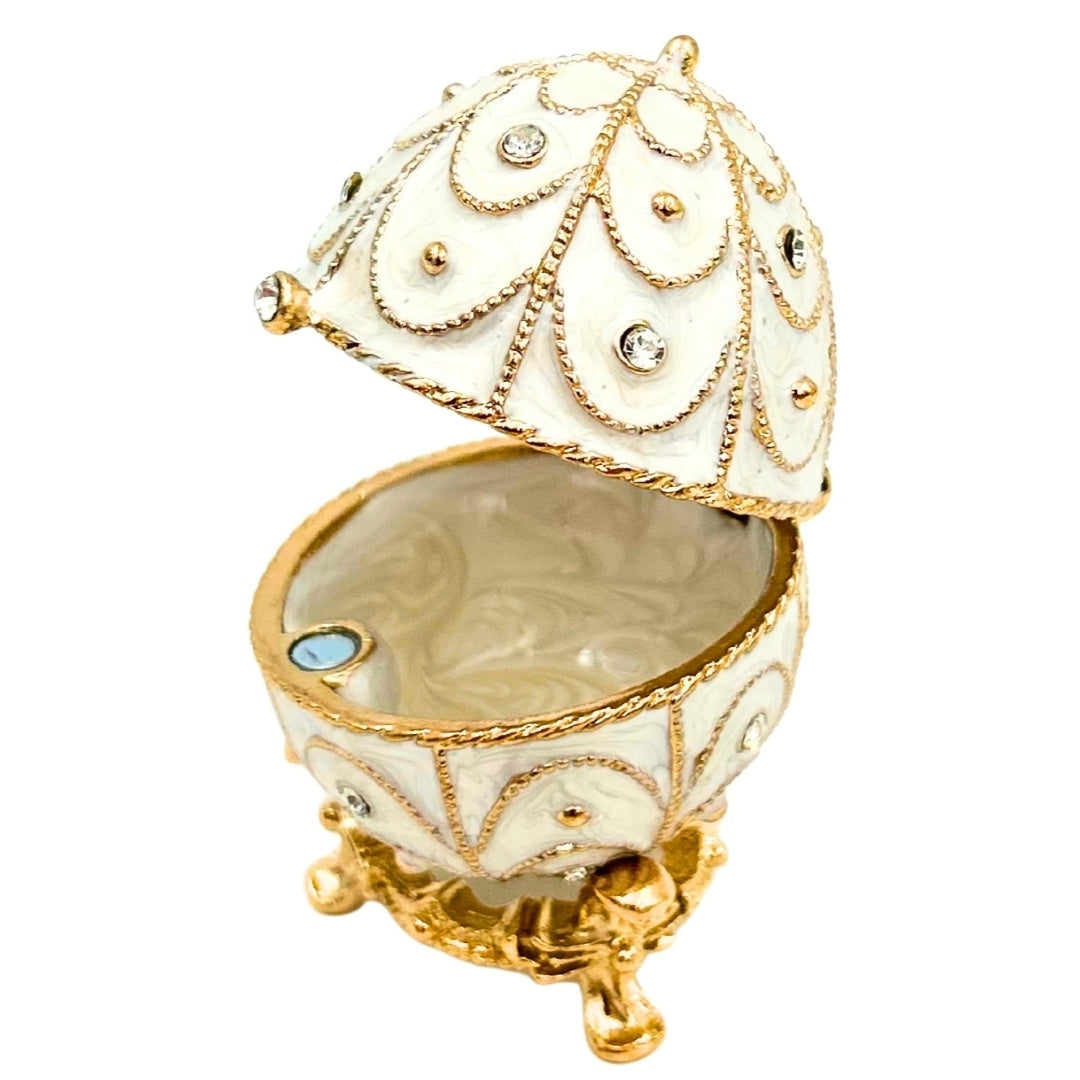 Exclusive Fabergé Egg Metal Jewelry Box with Crystals in White and Gold with Engraving Personalization Option
