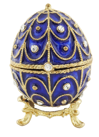 Exclusive metal jewelry box with crystals in the shape of a Fabergé egg, navy blue and gold, 5.5x6.5 cm with customizable engraving