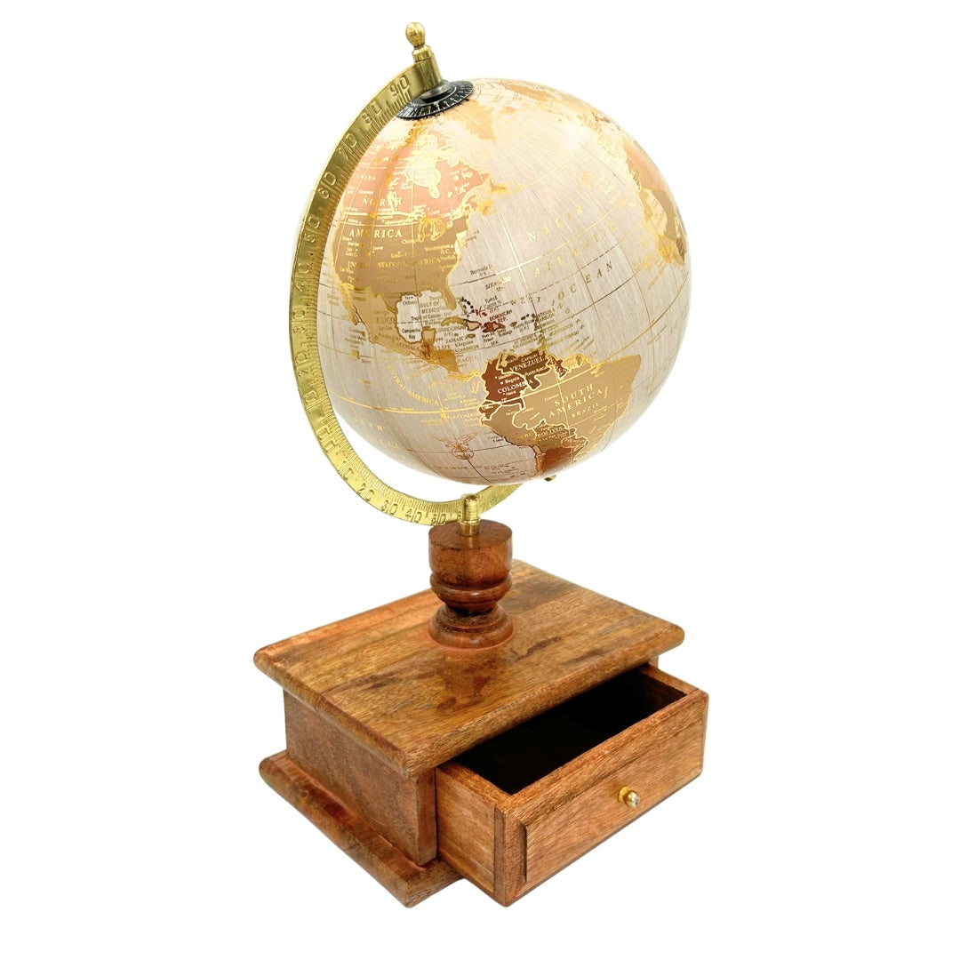 Elegantní vintage stolní glóbus s dřevěným podstavcem a zásuvkou