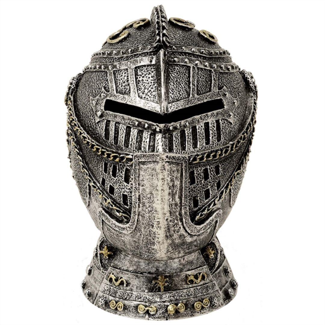 Decorative Knight's Helmet Money Box with Engraving – Antique Silver, 13 cm