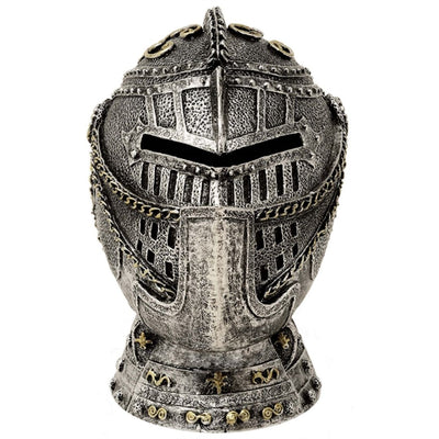 Decorative Knight's Helmet Money Box with Engraving – Antique Silver, 13 cm