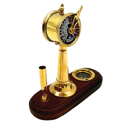 Elegant Desk Set with Engraving – Telegraph Machine, Compass, and Pen Holder on Wooden Base – Ideal Gift for Sailors, Managers, or Retro Style Lovers – High-Quality Brass and Wood, Dimensions 16.5 x 6 x 16.8 cm
