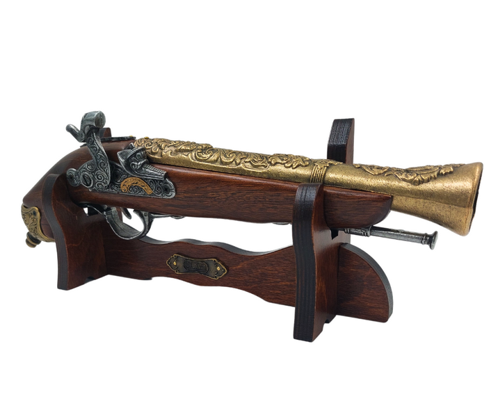 18th Century Caplock Pistol Replica on Stand with Personalized Engraving Option - Elegant Decorative Element and Perfect Gift for History Lovers - Made of Metal and Wood, Length 38 cm