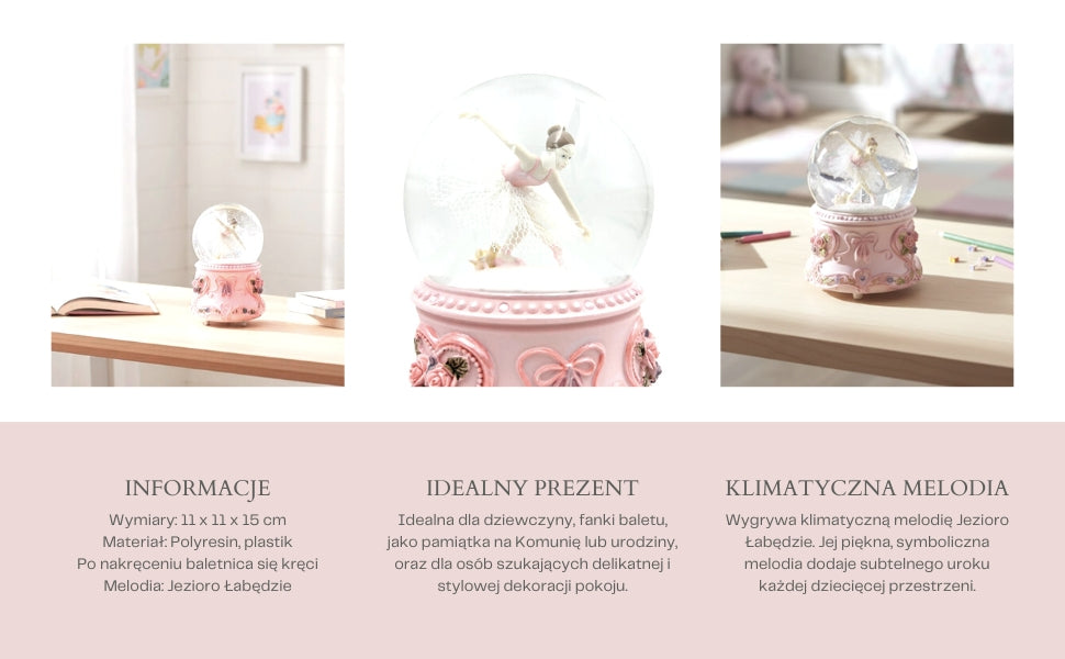 Tańcząca Baletnica w Szklanej Kuli 15cm z Personalizowanym Grawerem - Elegancka Pozytywka z Pastelową Podstawą i Melodią Jezioro Łabędzie