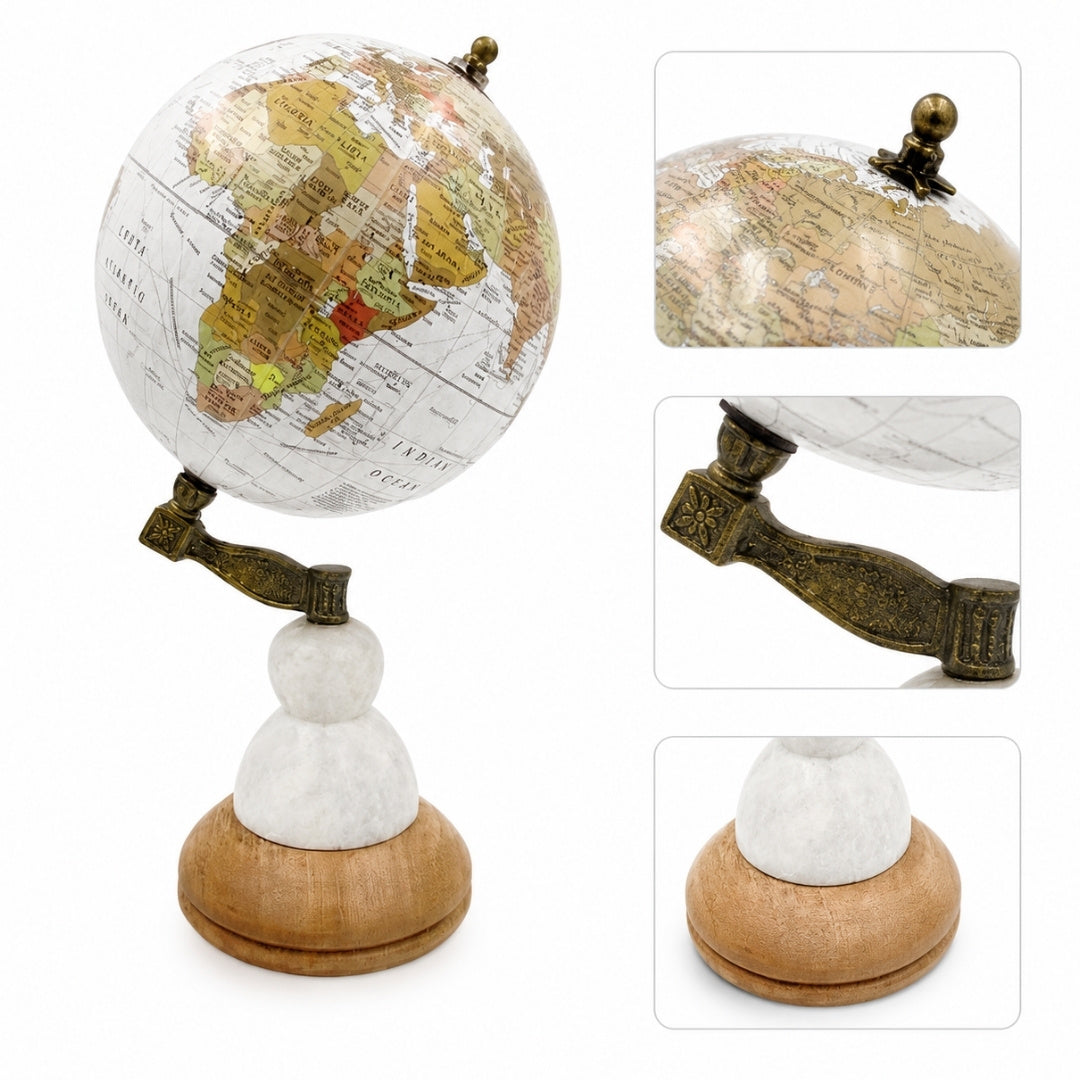Globus Dekoracyjny Voyager na Marmurowo-Drewnianej Podstawie z Opcją Personalizacji Graweru – Elegancki Prezent dla Miłośników Podróży, Wysokość 32 cm, Średnica 15,5 cm, Biała Mapa z Kolorowymi Kontynentami