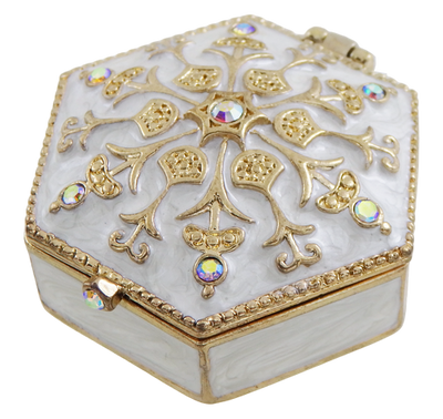 Elegant metal gift box with crystals B0035-08WH, white and gold, customizable engraving, perfect for jewelry and small items, 5x5x2 cm