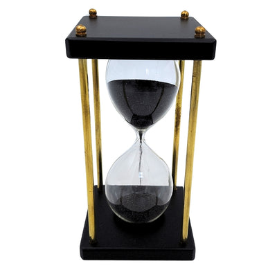 Klepsydra Mosiężno-Drewniana 5 minut z Czarnym Piaskiem z Możliwością Personalizacji Grawerem – Elegancka Dekoracja Retro na Prezent o Wysokości 16 cm